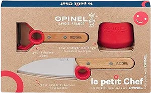 Opinel Le Petit Chef Complete 3 Piece Kitchen Set, Chef Knife with Rounded Tip, Fingers Guard, Peeler, For Children and Teaching Food Prep and Kitchen Safety, Made in France