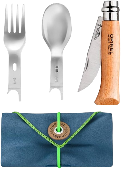 OPINEL - Complete Picnic+ Set - Folding Pocket Knife No. 08 + 2 Inserts, Fork and Spoon + 1 Microfibre Towel Case - Made in France